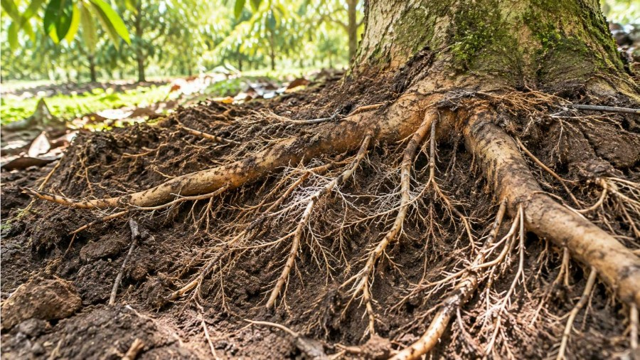 Khi chăm sóc sầu riêng sau thu hoạch, cần chú trọng phục hồi bộ rễ, tránh chỉ tập trung dưỡng lá, thúc đọt mà bỏ qua tình trạng rễ cây